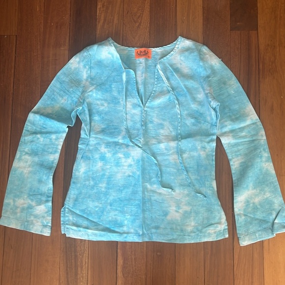 Juicy Couture Blue Linen Tie Dye Bell
Sleeve Blouse sz S Excellent Conditon - Picture 2 of 7